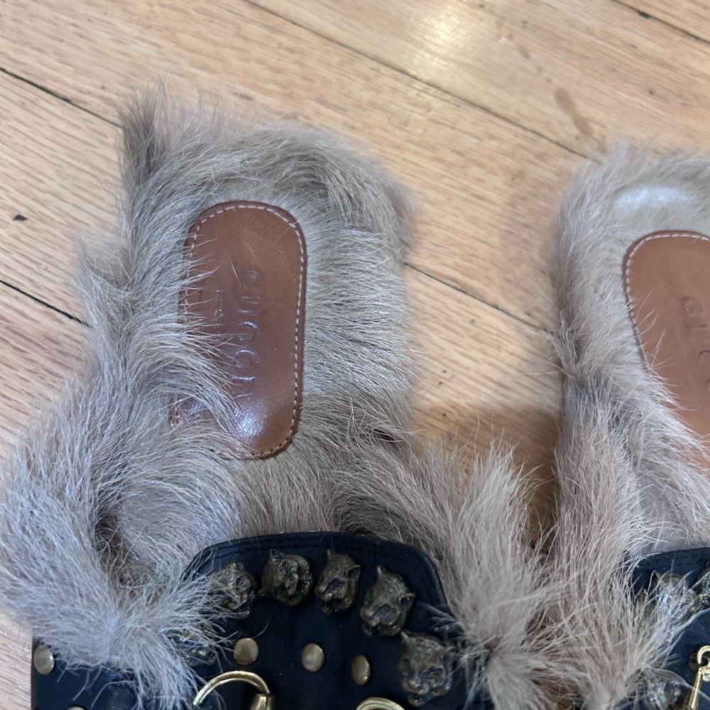 Gucci Black Leather Fur-Lined Studded Horsebit Slippers - Picture 2 of 3